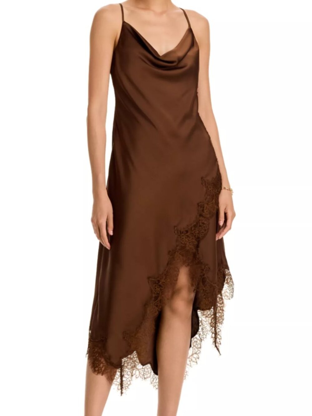 AQUA Lace Trim Satin Midi Dress | Espresso Brown
